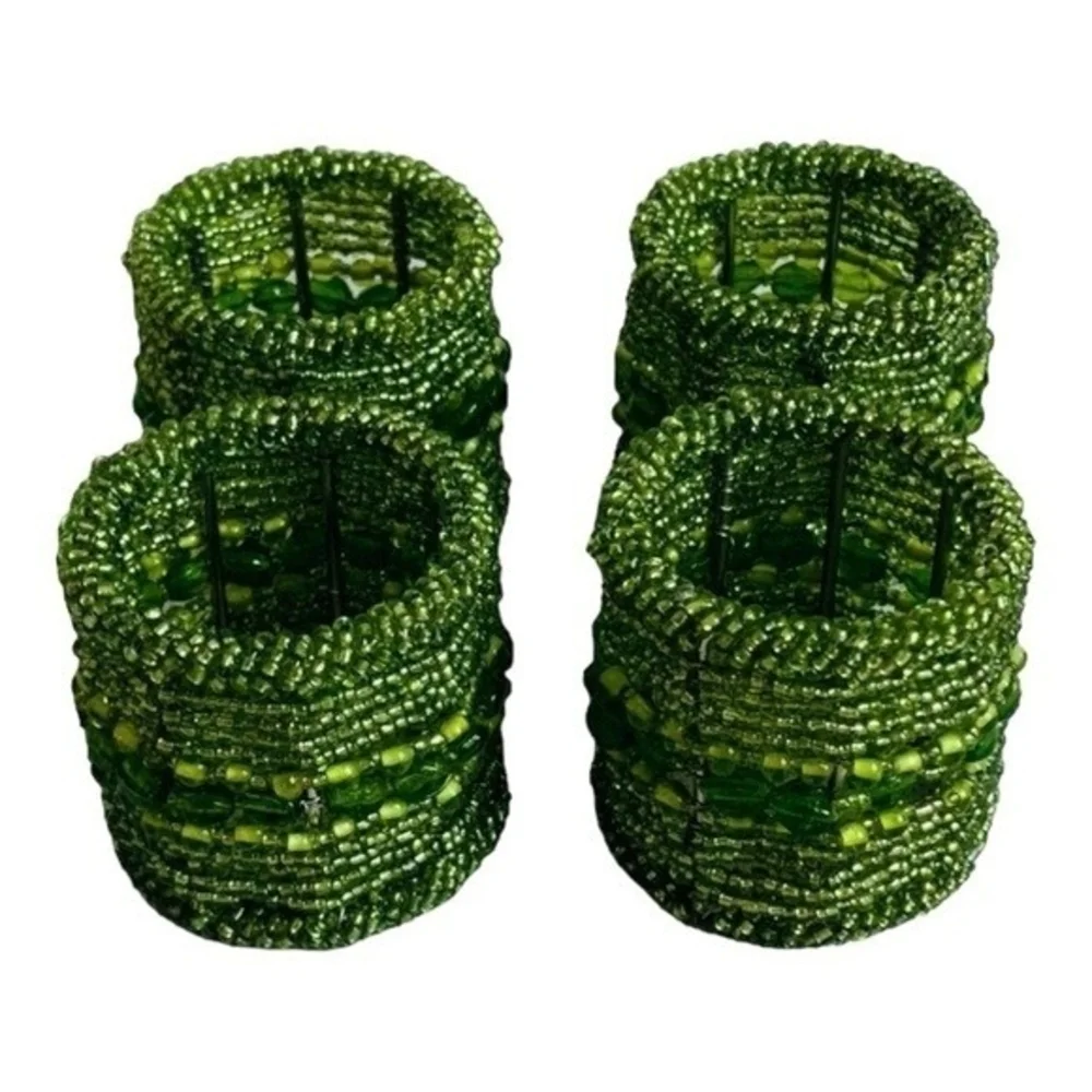 Vintage Green Micro Beaded Napkin Rings Set of 4 Handmade India Moroccan 2